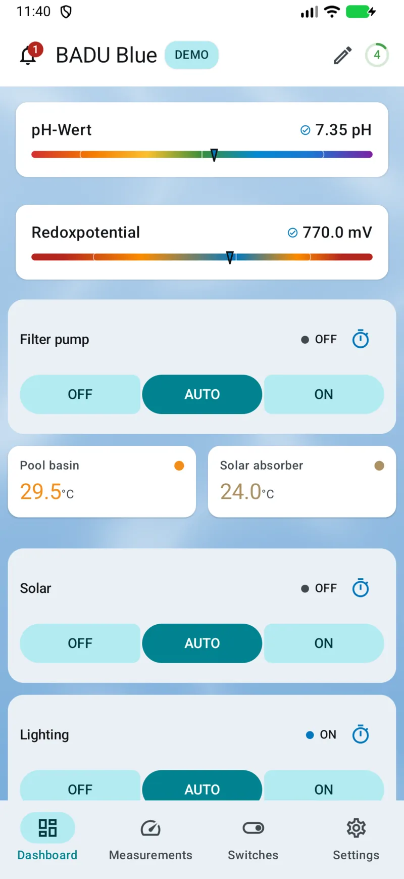 PoolPilot – Dashboard (BADU Blue) auf Android
