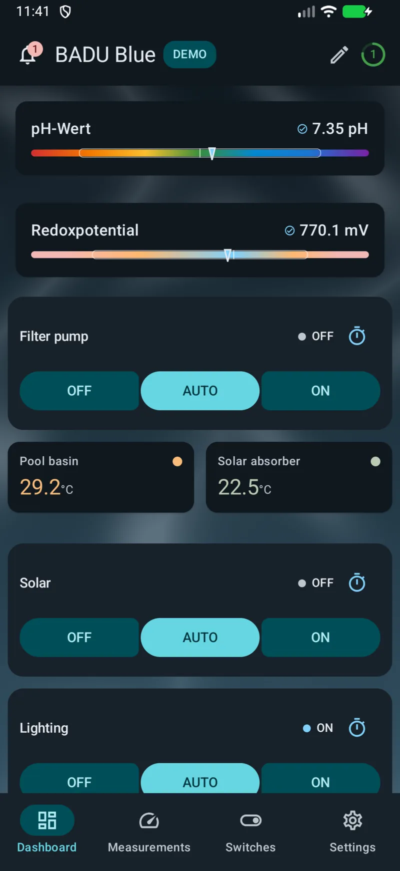 PoolPilot – Dashboard (BADU Blue) auf Android