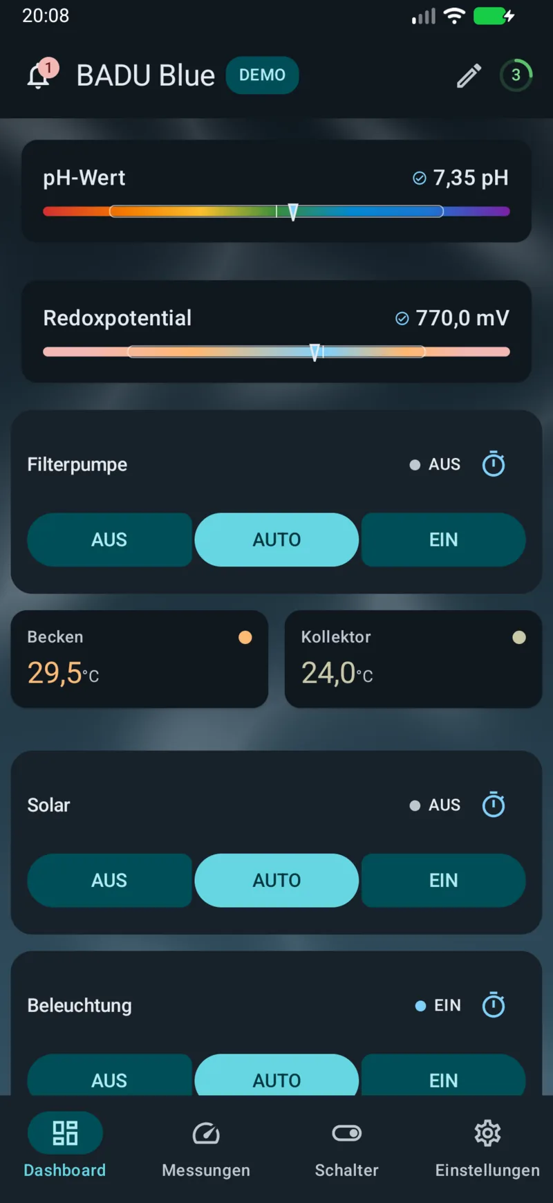 PoolPilot – Dashboard (BADU Blue) auf Android