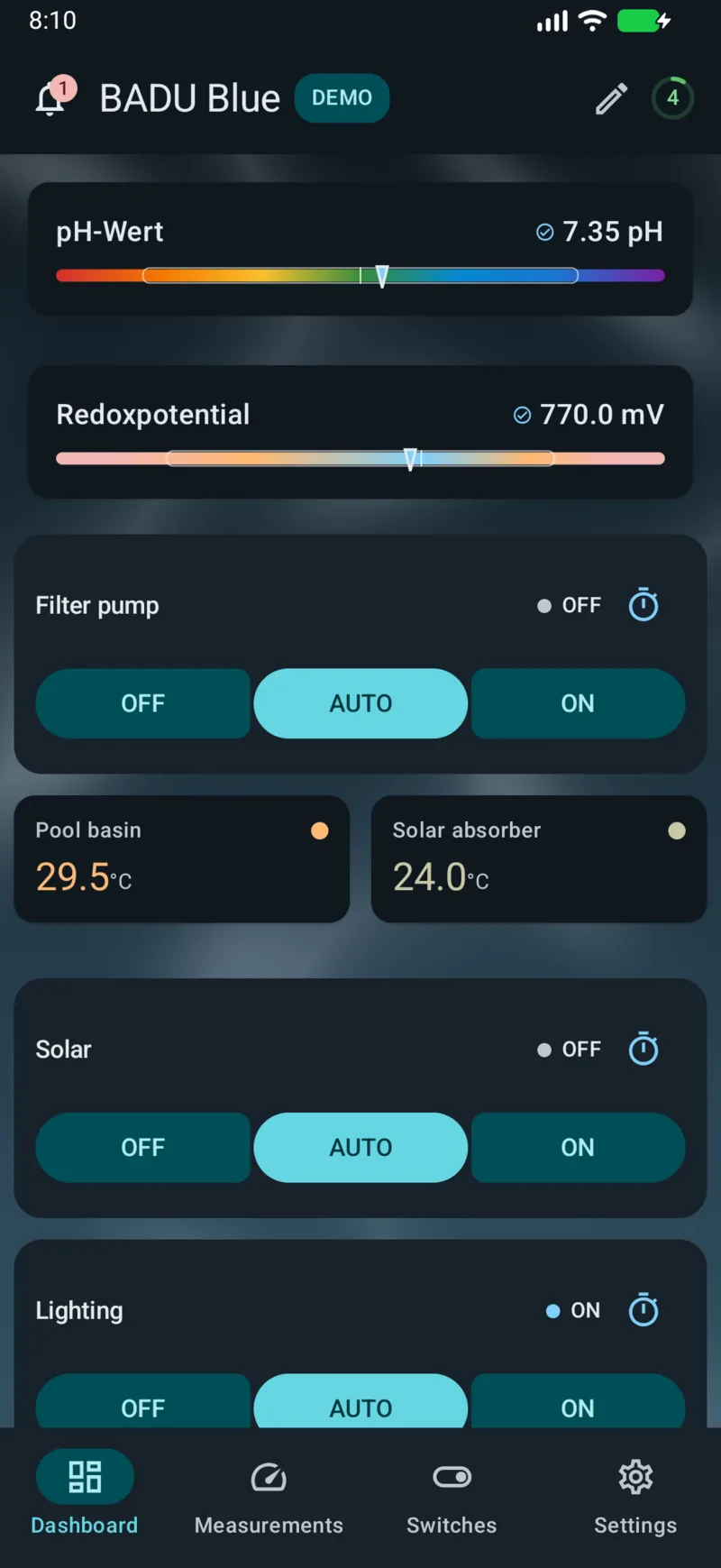 PoolPilot — Dashboard (BADU Blue) on Android
