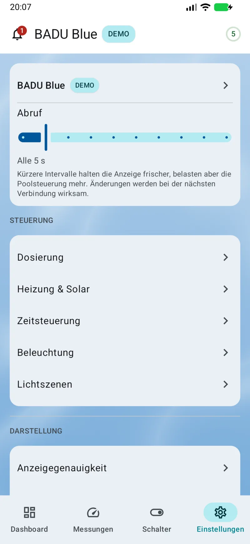 PoolPilot – Einstellungen (BADU Blue) auf Android