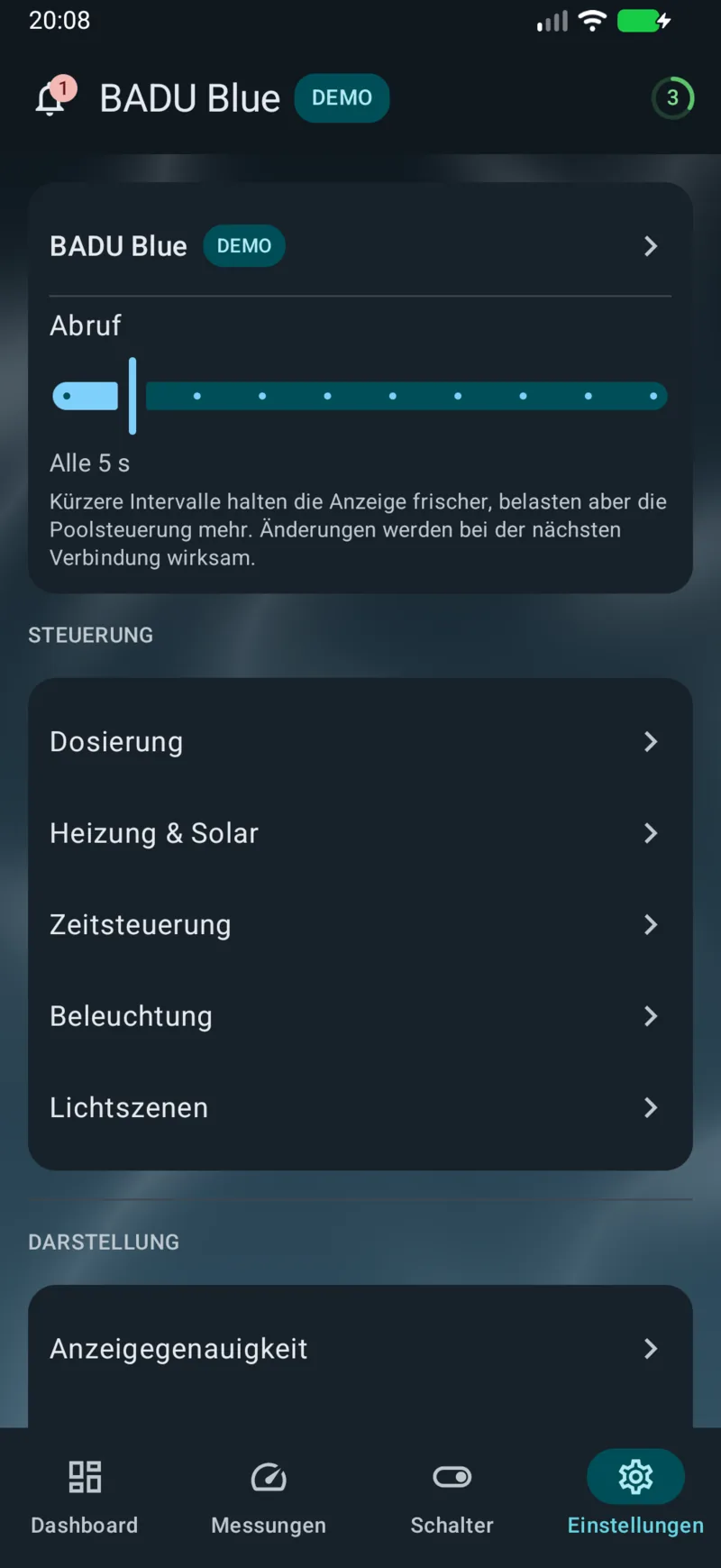 PoolPilot – Einstellungen (BADU Blue) auf Android