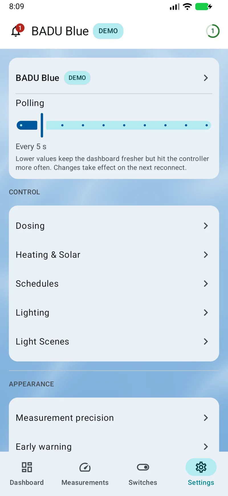 PoolPilot — Settings (BADU Blue) on Android