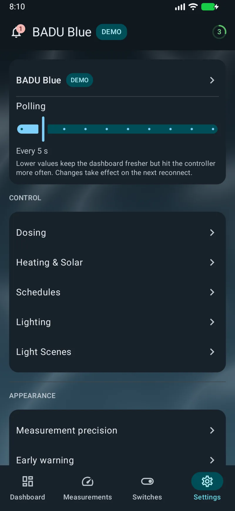 PoolPilot — Settings (BADU Blue) on Android