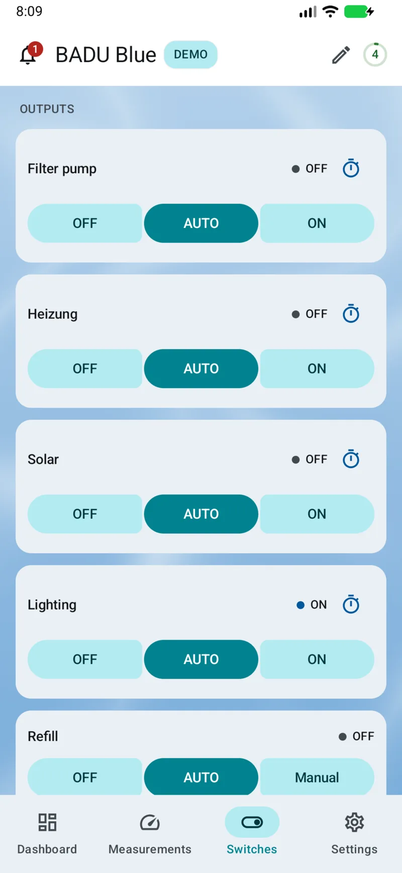 PoolPilot — Switches (BADU Blue) on Android