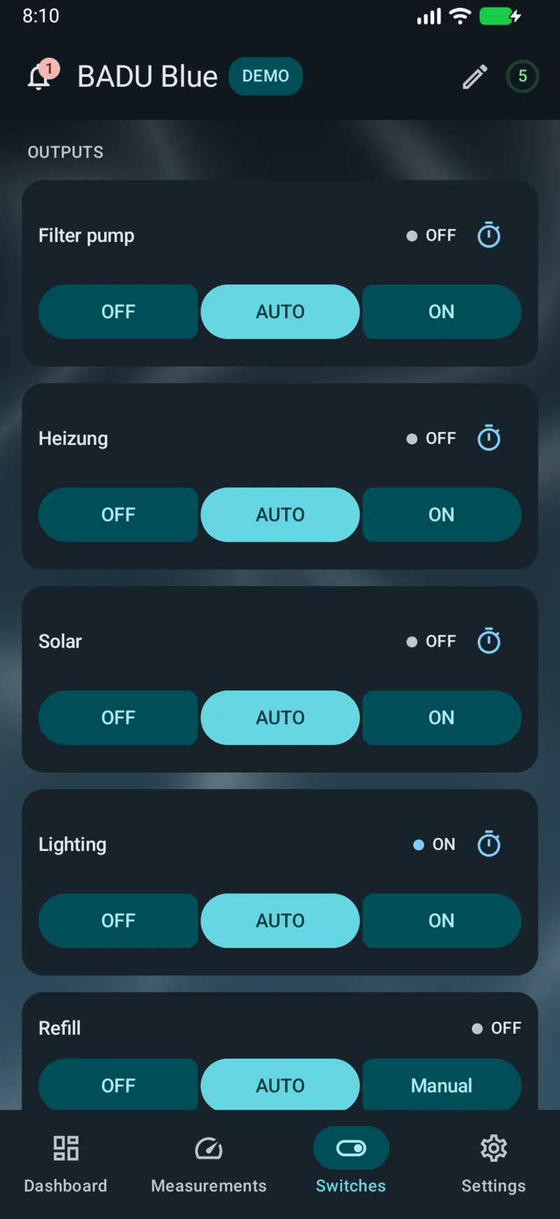 PoolPilot — Switches (BADU Blue) on Android