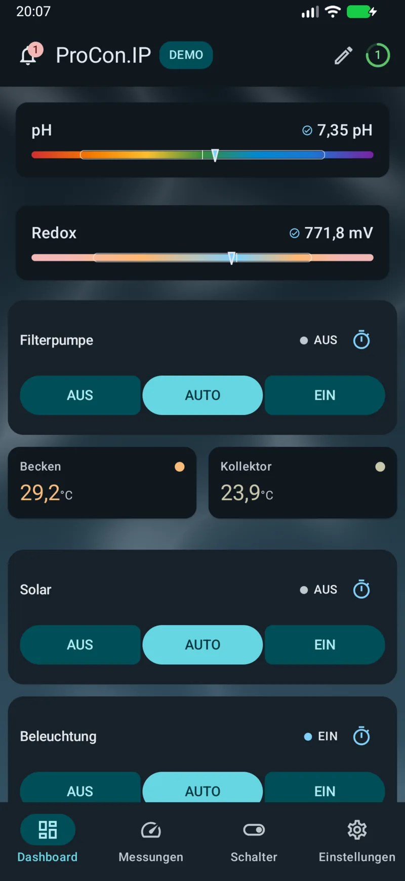 PoolPilot – Dashboard (ProCon.IP) auf Android