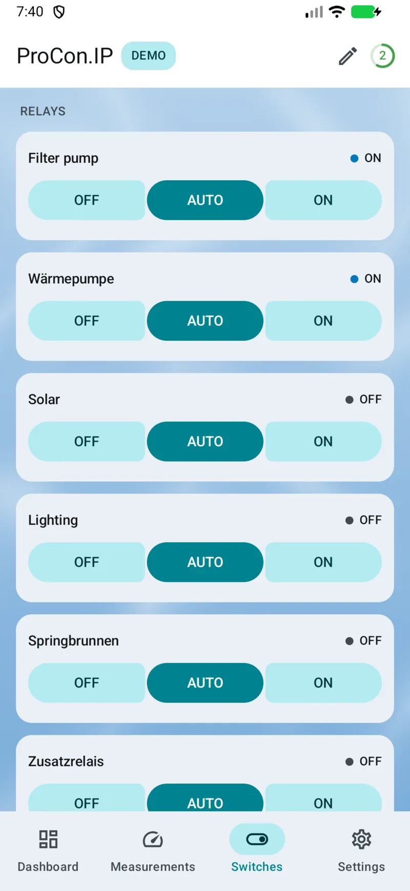 PoolPilot — Switches (ProCon.IP) on Android