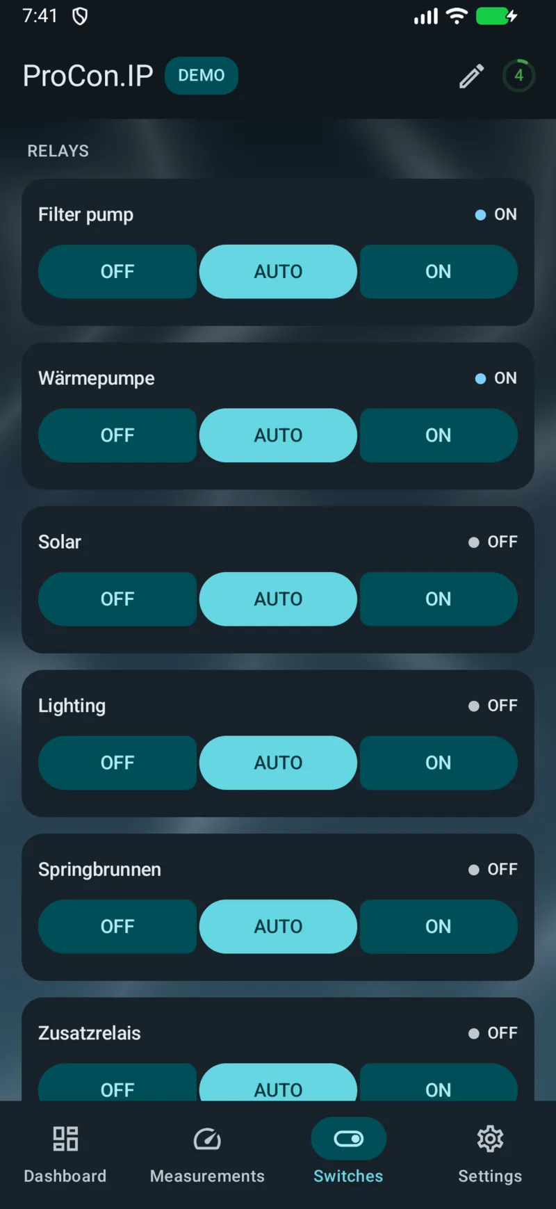 PoolPilot — Switches (ProCon.IP) on Android