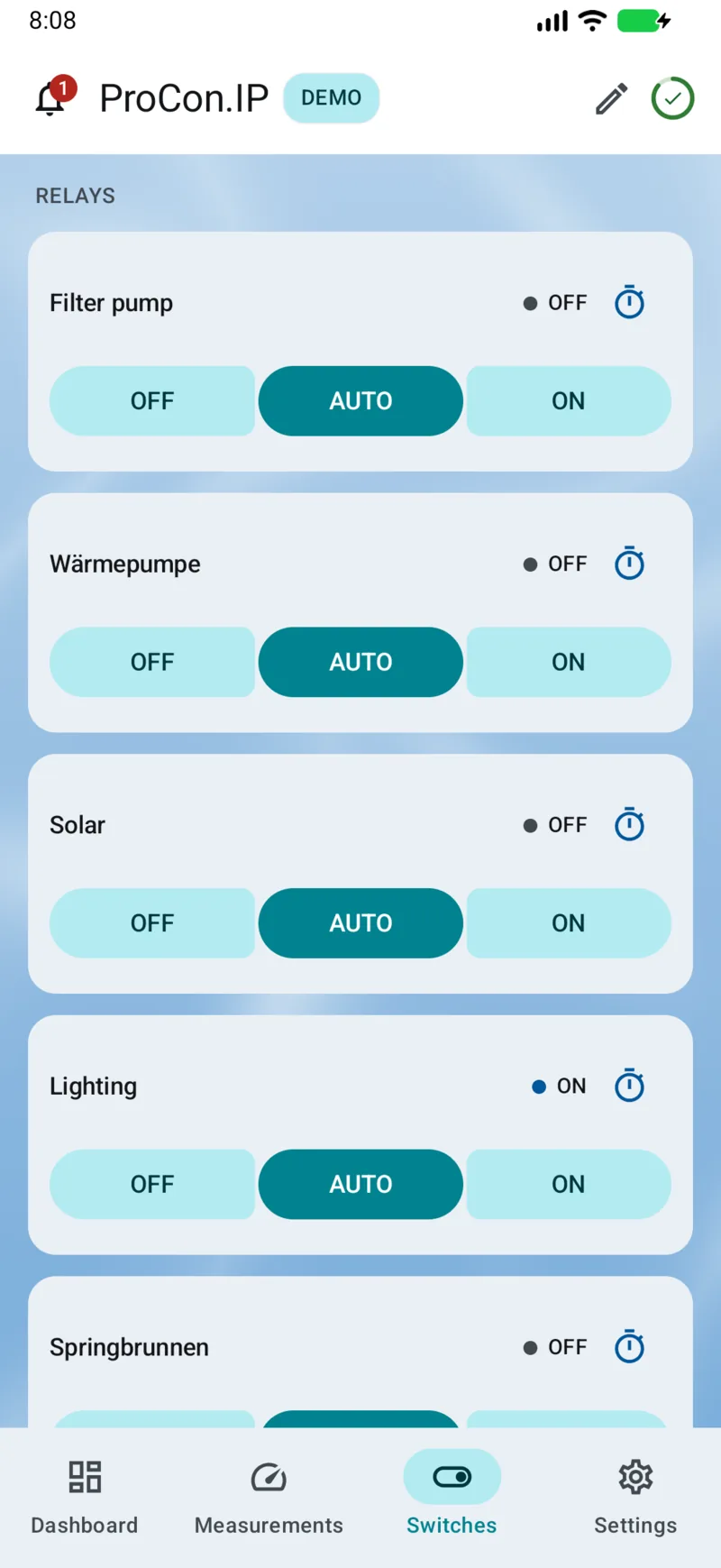 PoolPilot — Switches (ProCon.IP) on Android