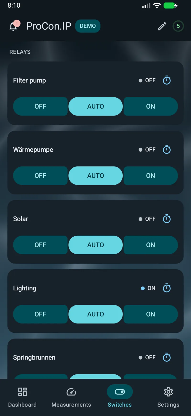 PoolPilot — Switches (ProCon.IP) on Android