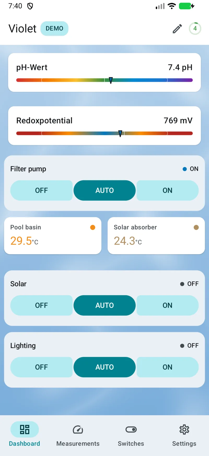 PoolPilot — Dashboard (VIOLET) on Android