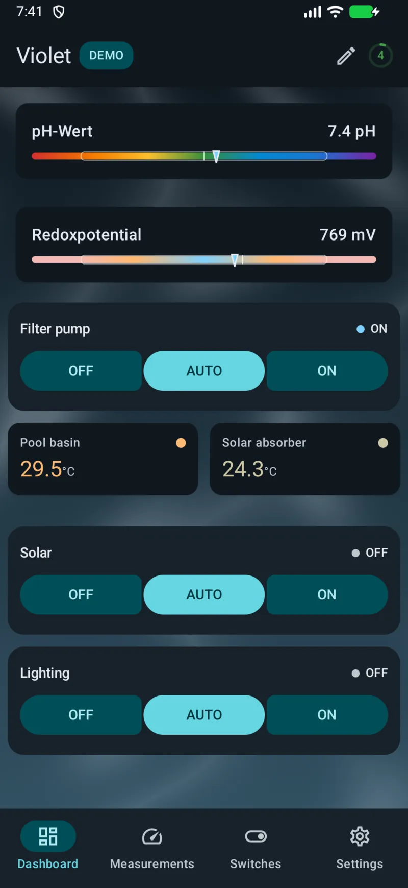 PoolPilot — Dashboard (VIOLET) on Android