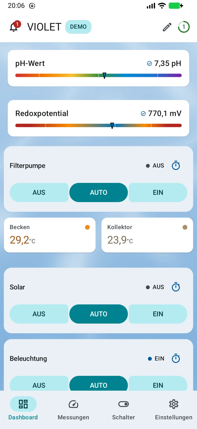 PoolPilot – Dashboard (VIOLET) auf Android