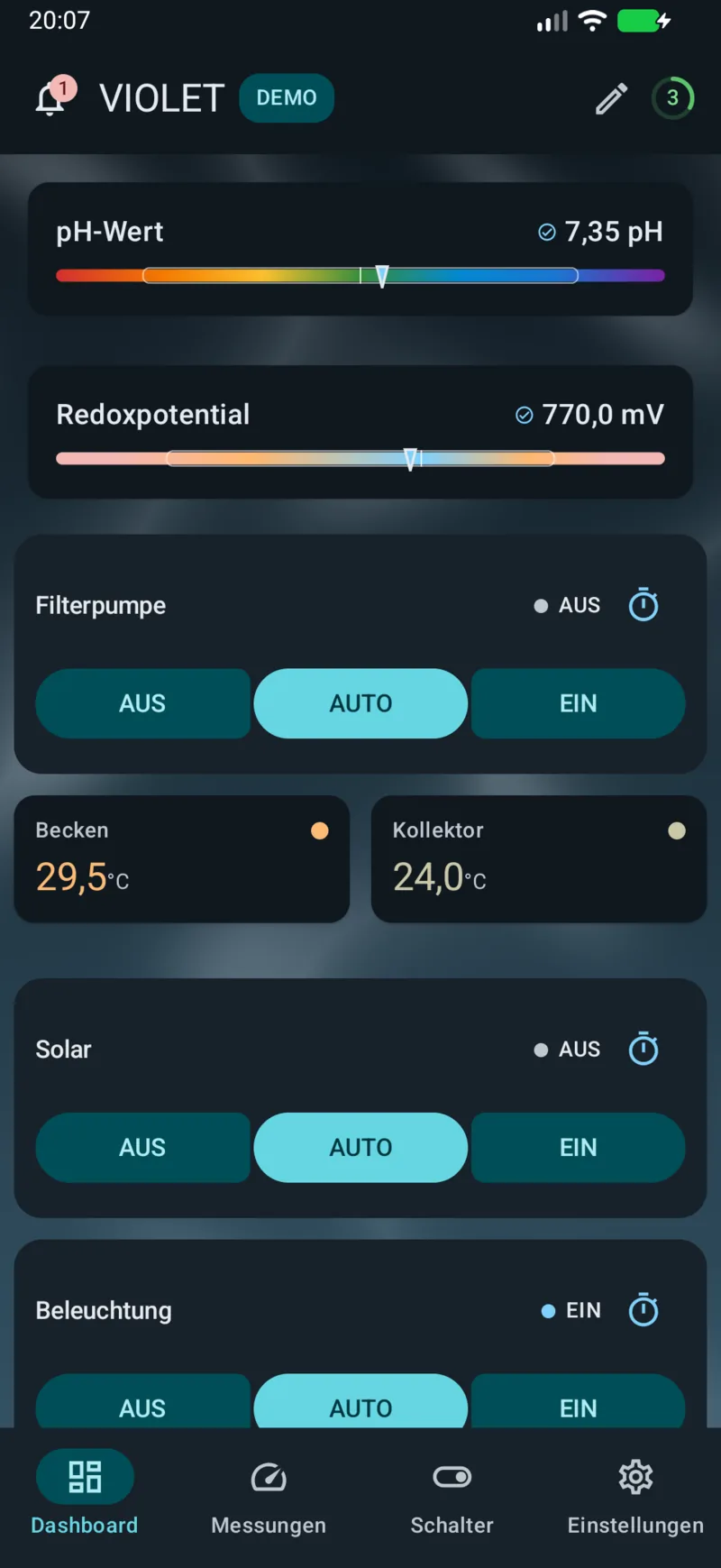 PoolPilot – Dashboard (VIOLET) auf Android