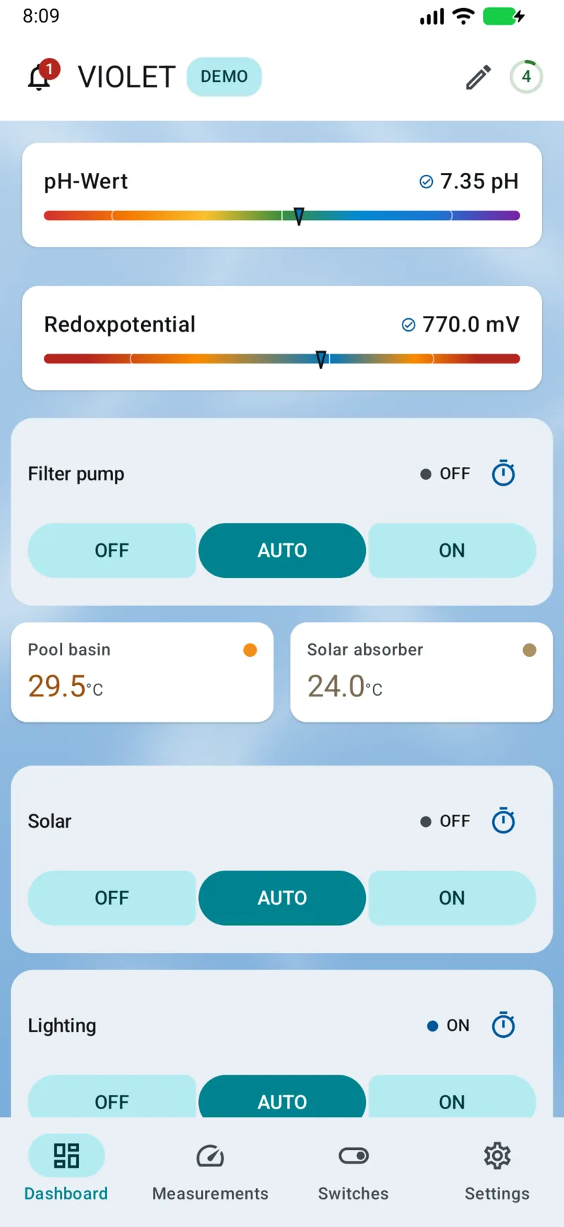 PoolPilot — Dashboard (VIOLET) on Android