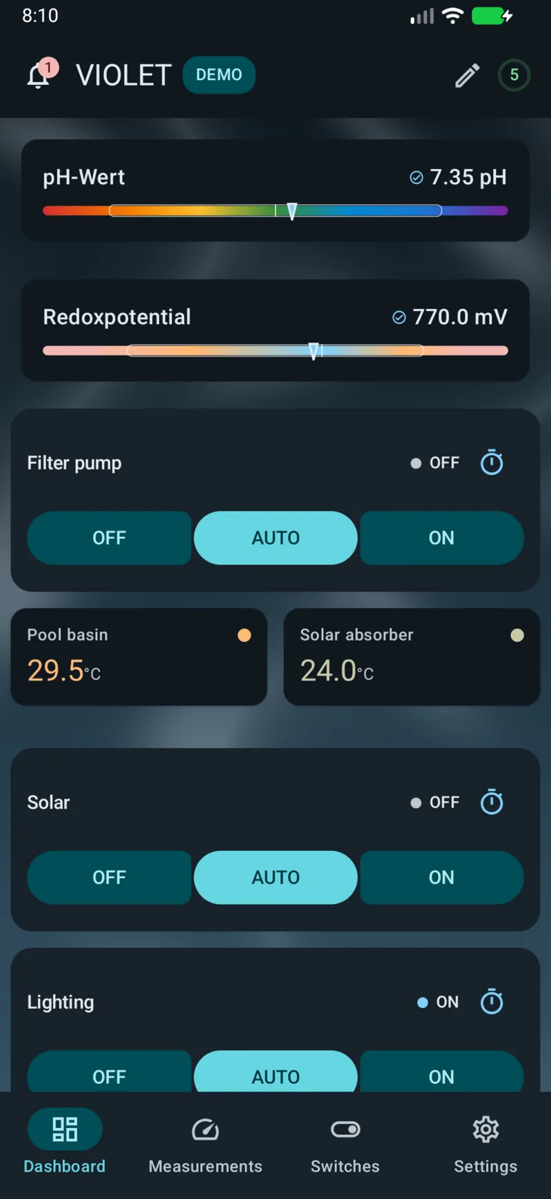 PoolPilot — Dashboard (VIOLET) on Android