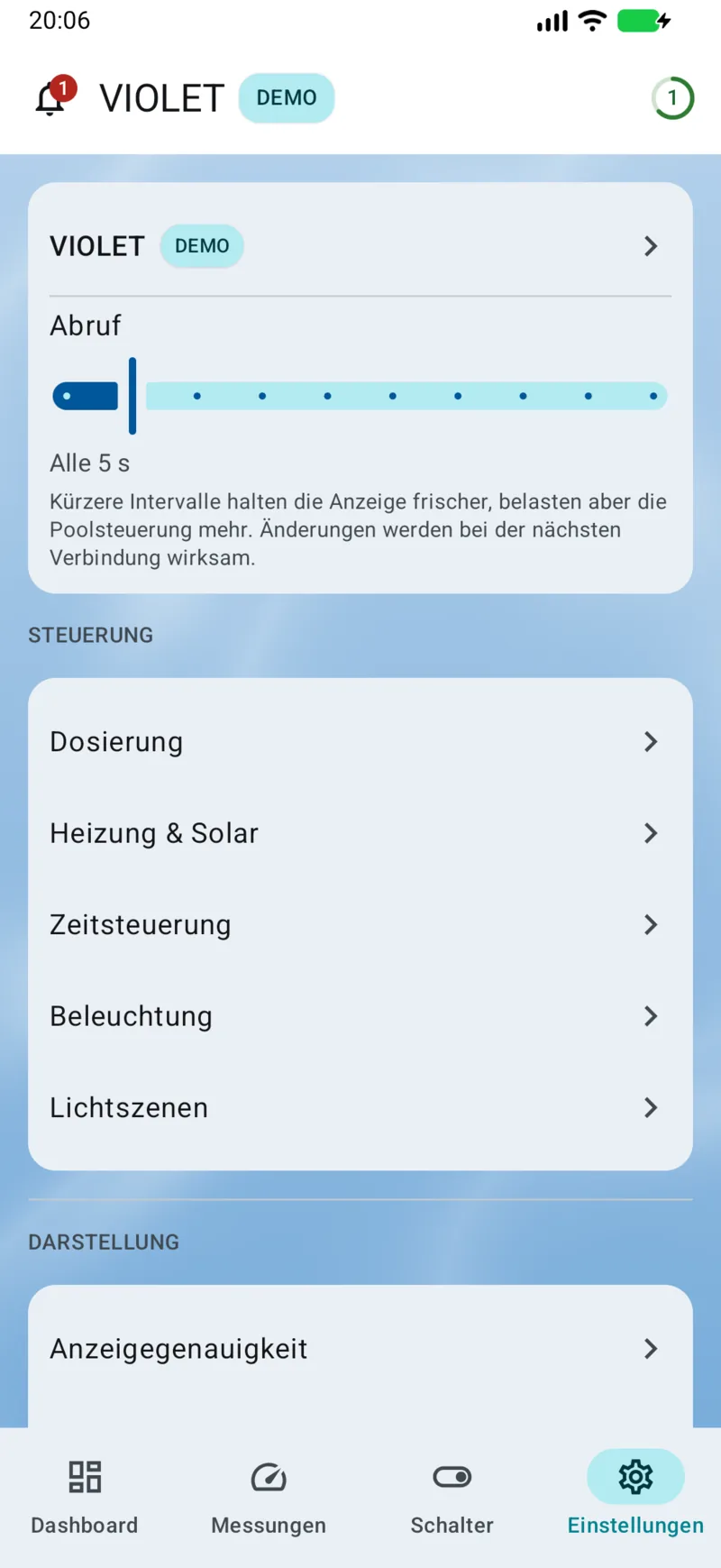 PoolPilot – Einstellungen (VIOLET) auf Android