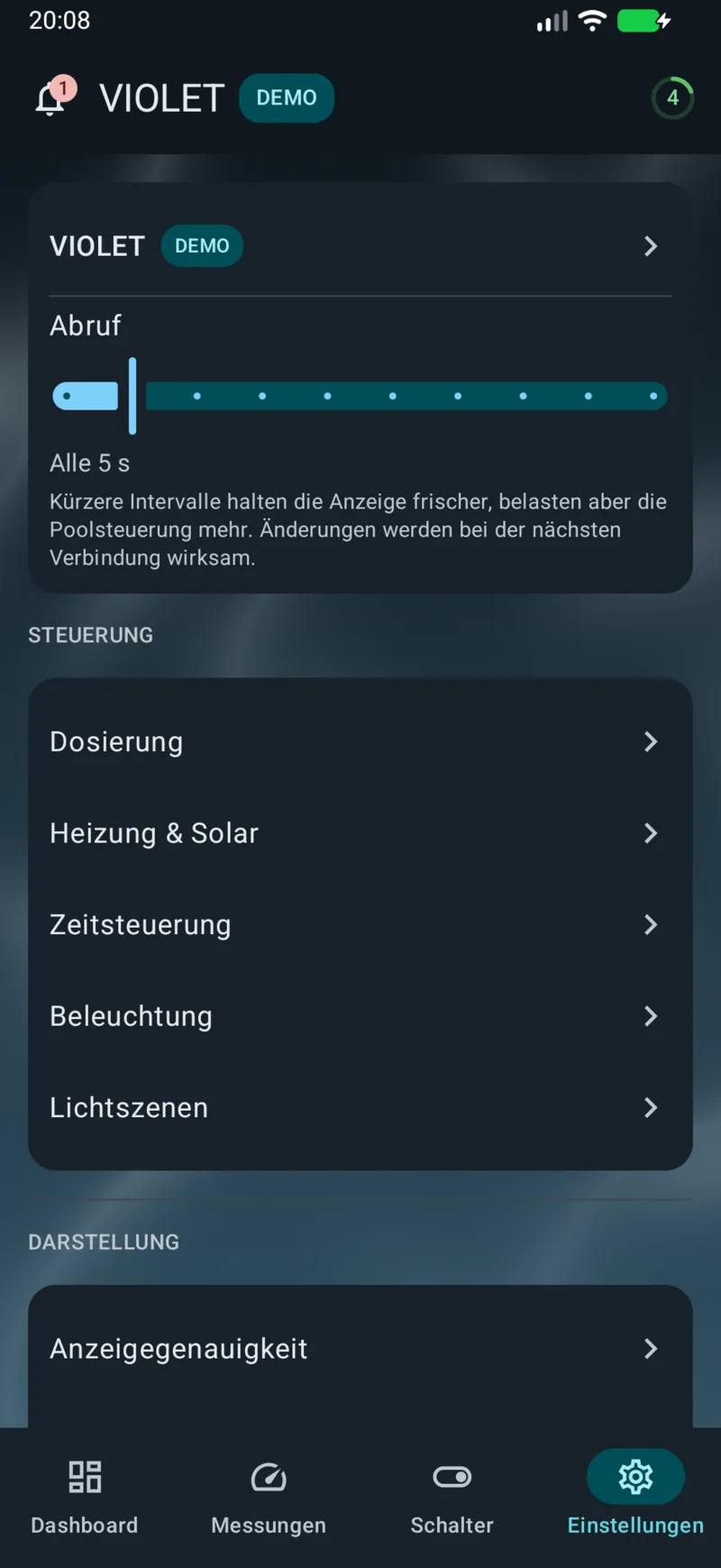 PoolPilot – Einstellungen (VIOLET) auf Android