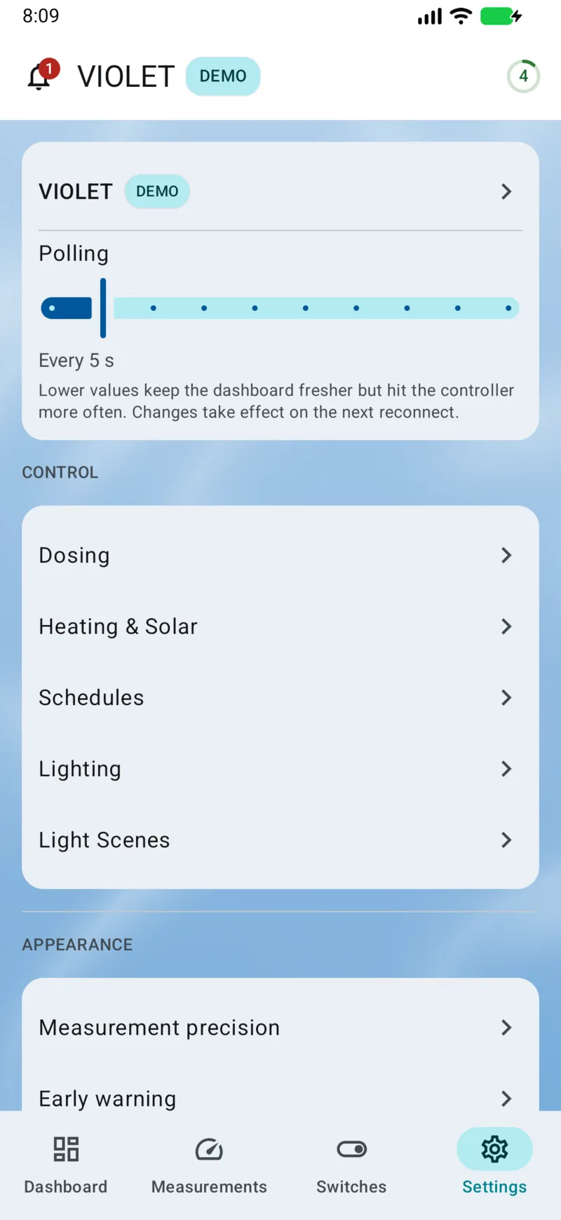 PoolPilot — Settings (VIOLET) on Android