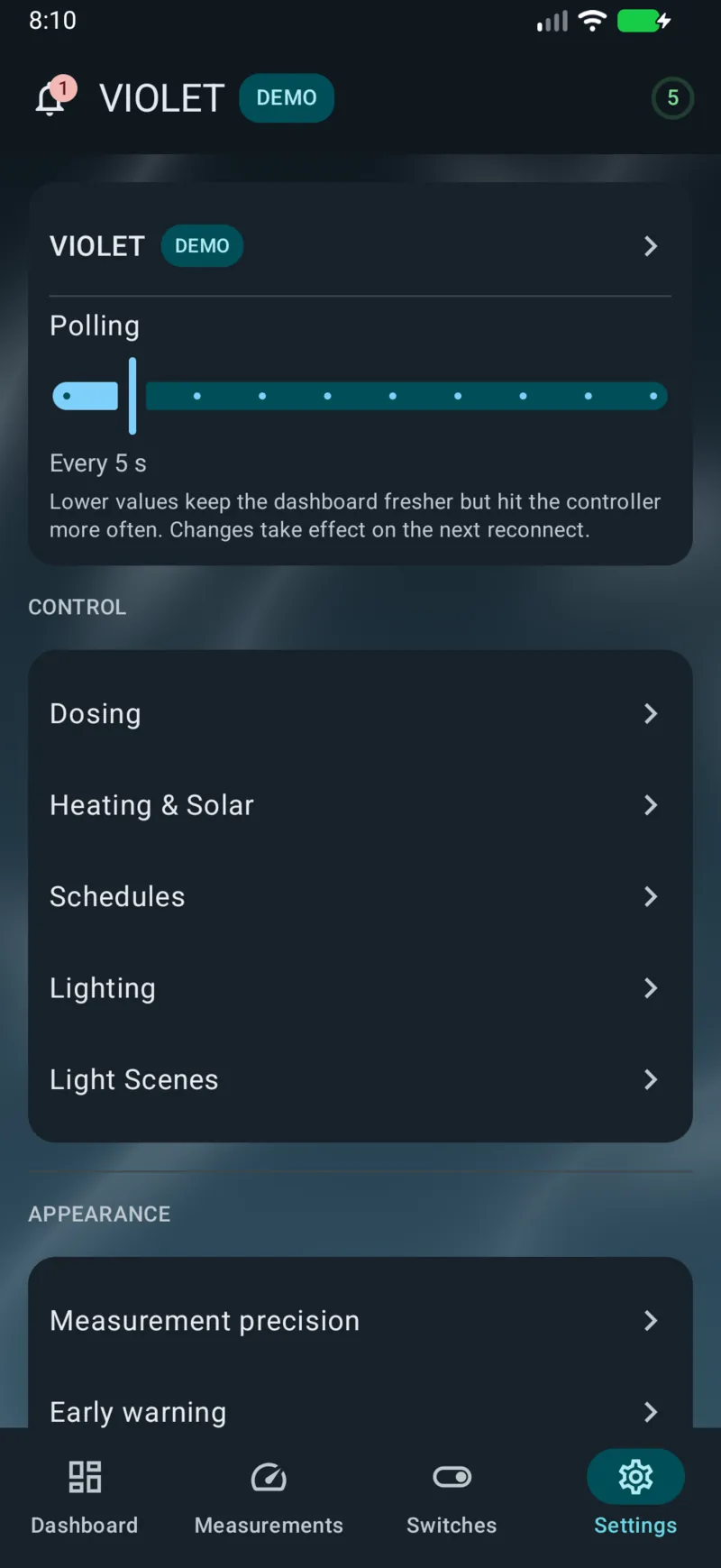 PoolPilot — Settings (VIOLET) on Android