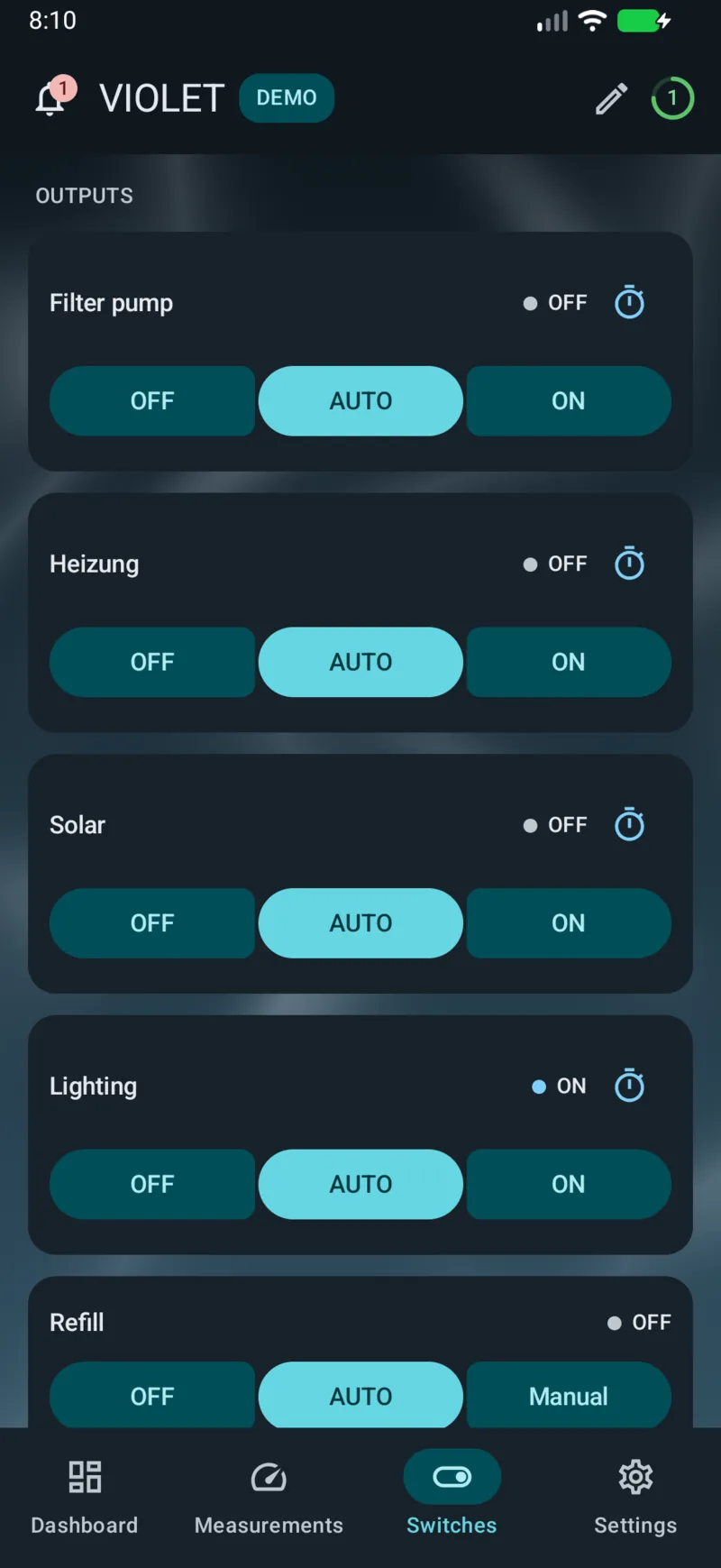 PoolPilot — Switches (VIOLET) on Android