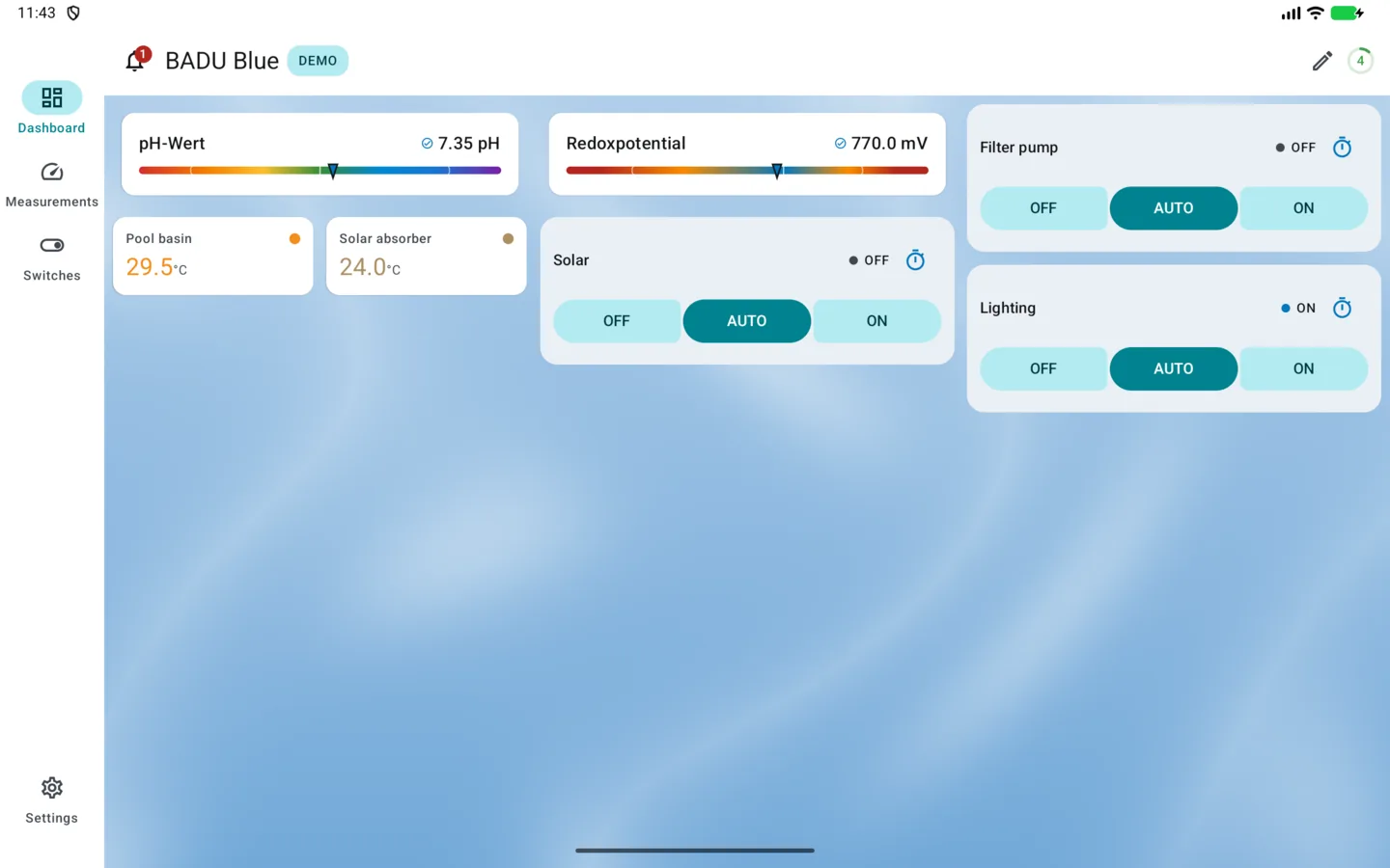 PoolPilot – Dashboard (BADU Blue) auf Android-Tablet