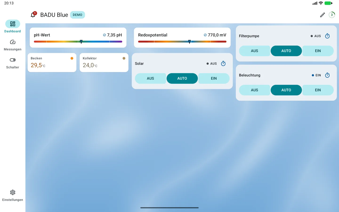 PoolPilot – Dashboard (BADU Blue) auf Android-Tablet
