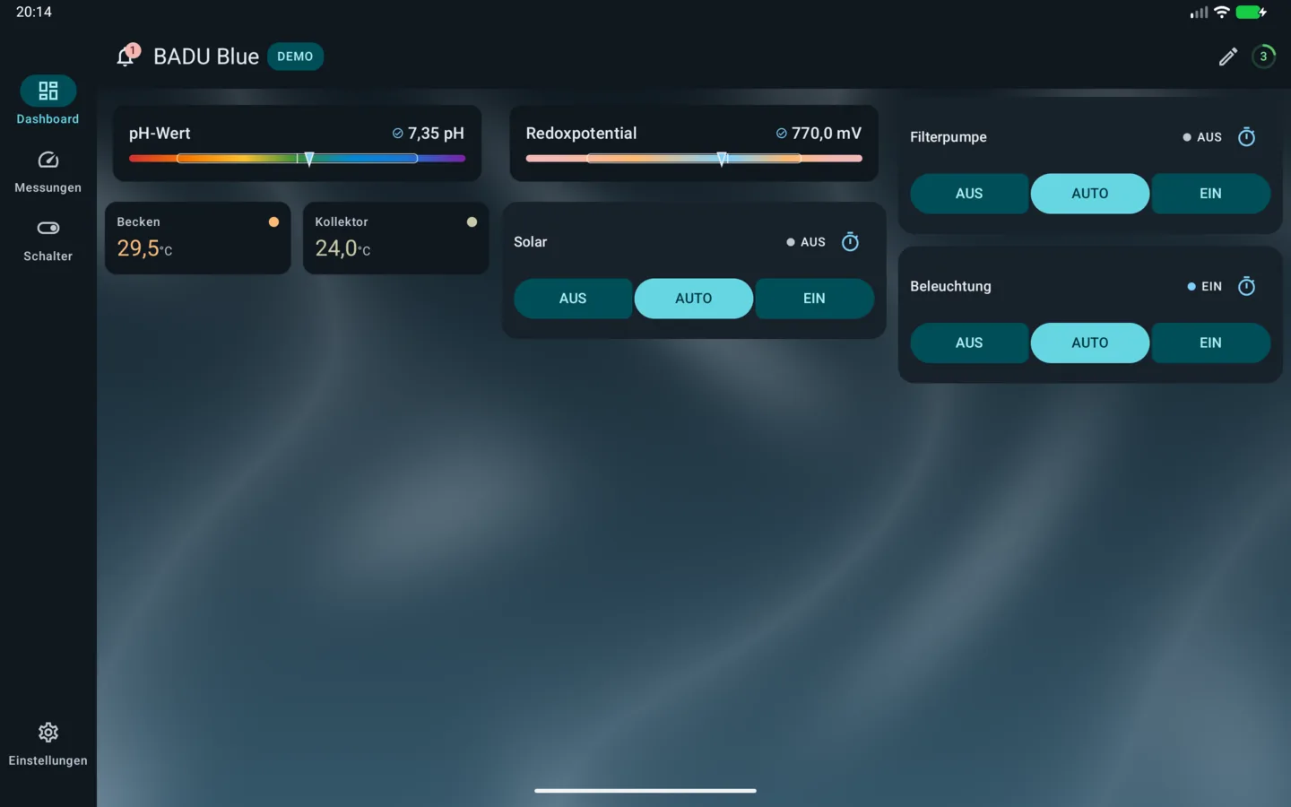 PoolPilot – Dashboard (BADU Blue) auf Android-Tablet
