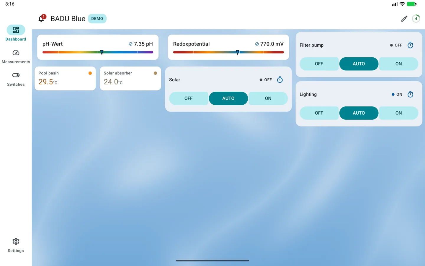 PoolPilot — Dashboard (BADU Blue) on Android tablet