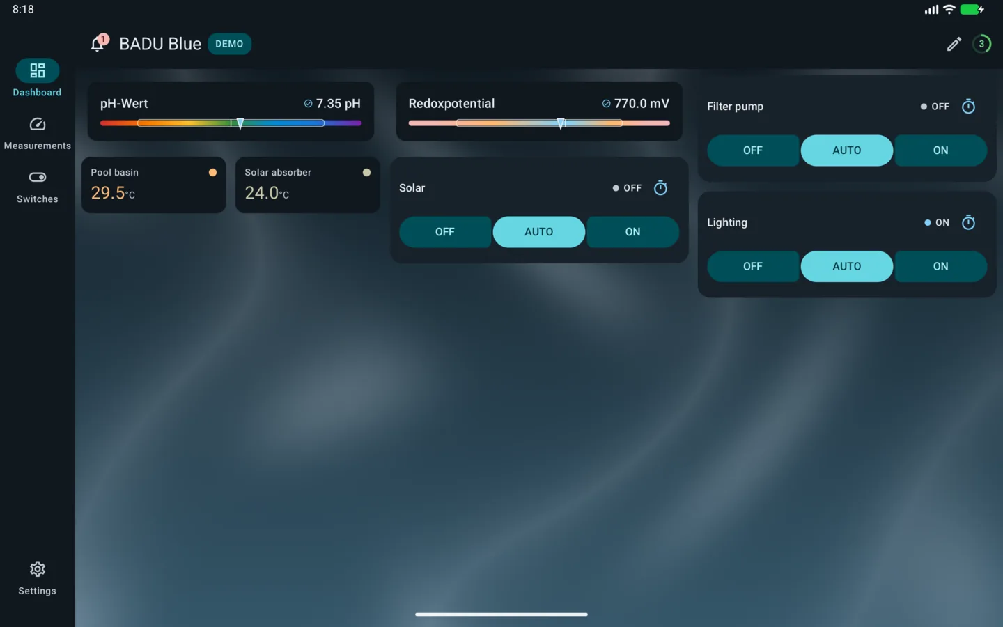 PoolPilot — Dashboard (BADU Blue) on Android tablet