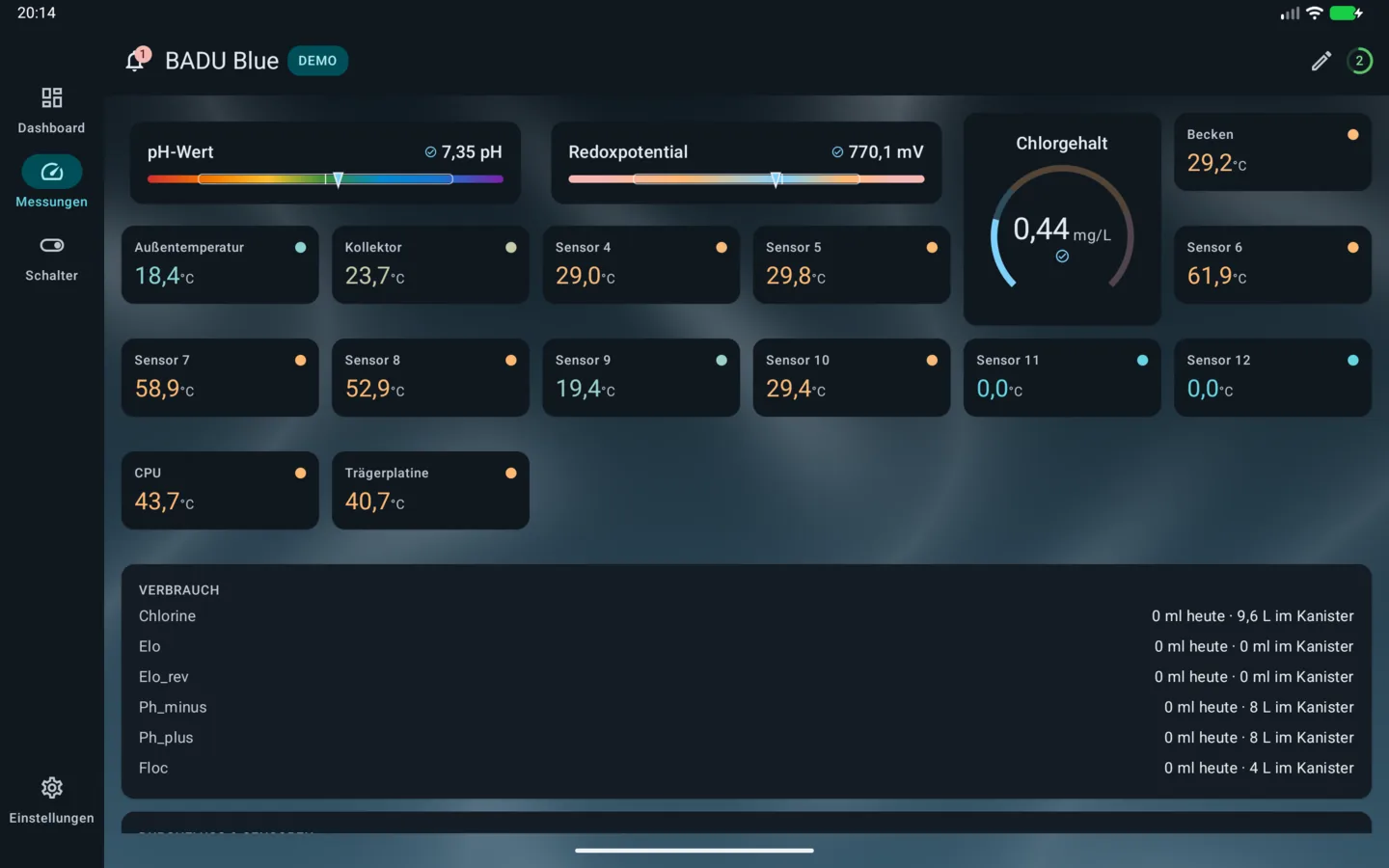 PoolPilot – Messungen (BADU Blue) auf Android-Tablet