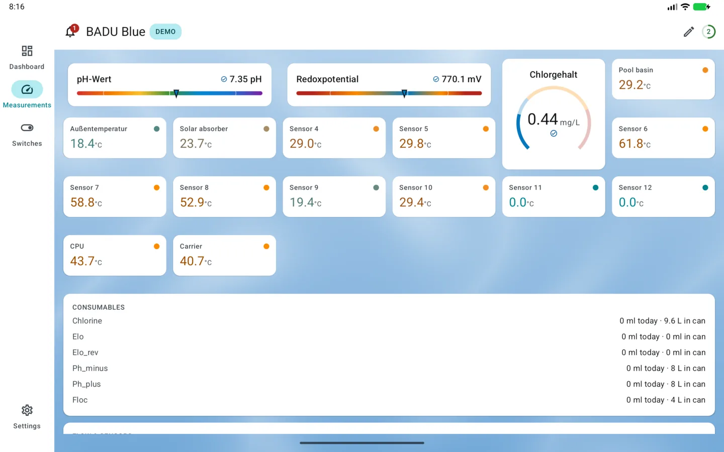 PoolPilot — Measurements (BADU Blue) on Android tablet
