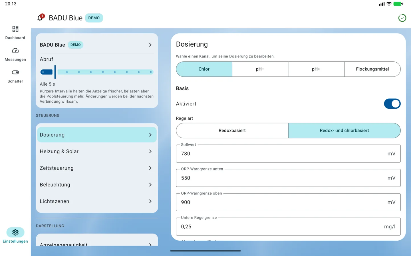 PoolPilot – Einstellungen (BADU Blue) auf Android-Tablet