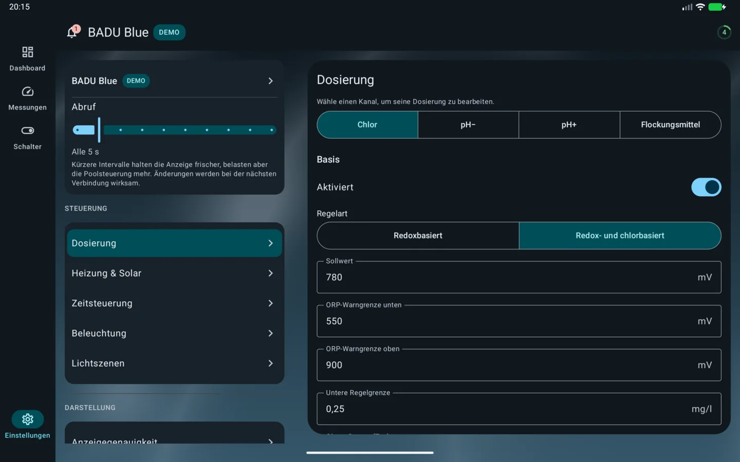 PoolPilot – Einstellungen (BADU Blue) auf Android-Tablet