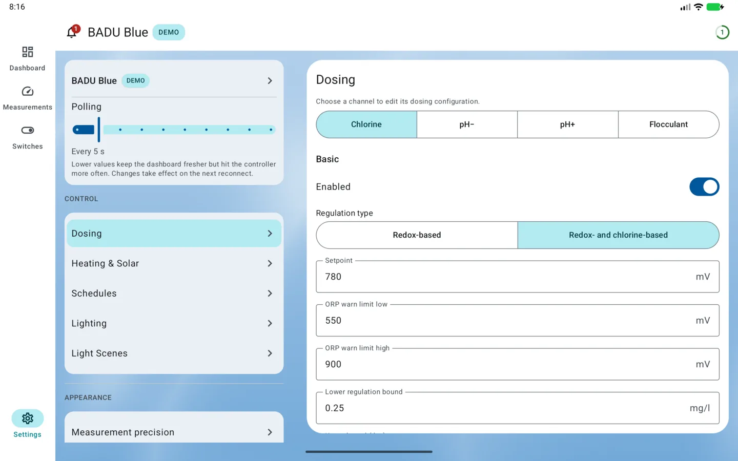 PoolPilot — Settings (BADU Blue) on Android tablet