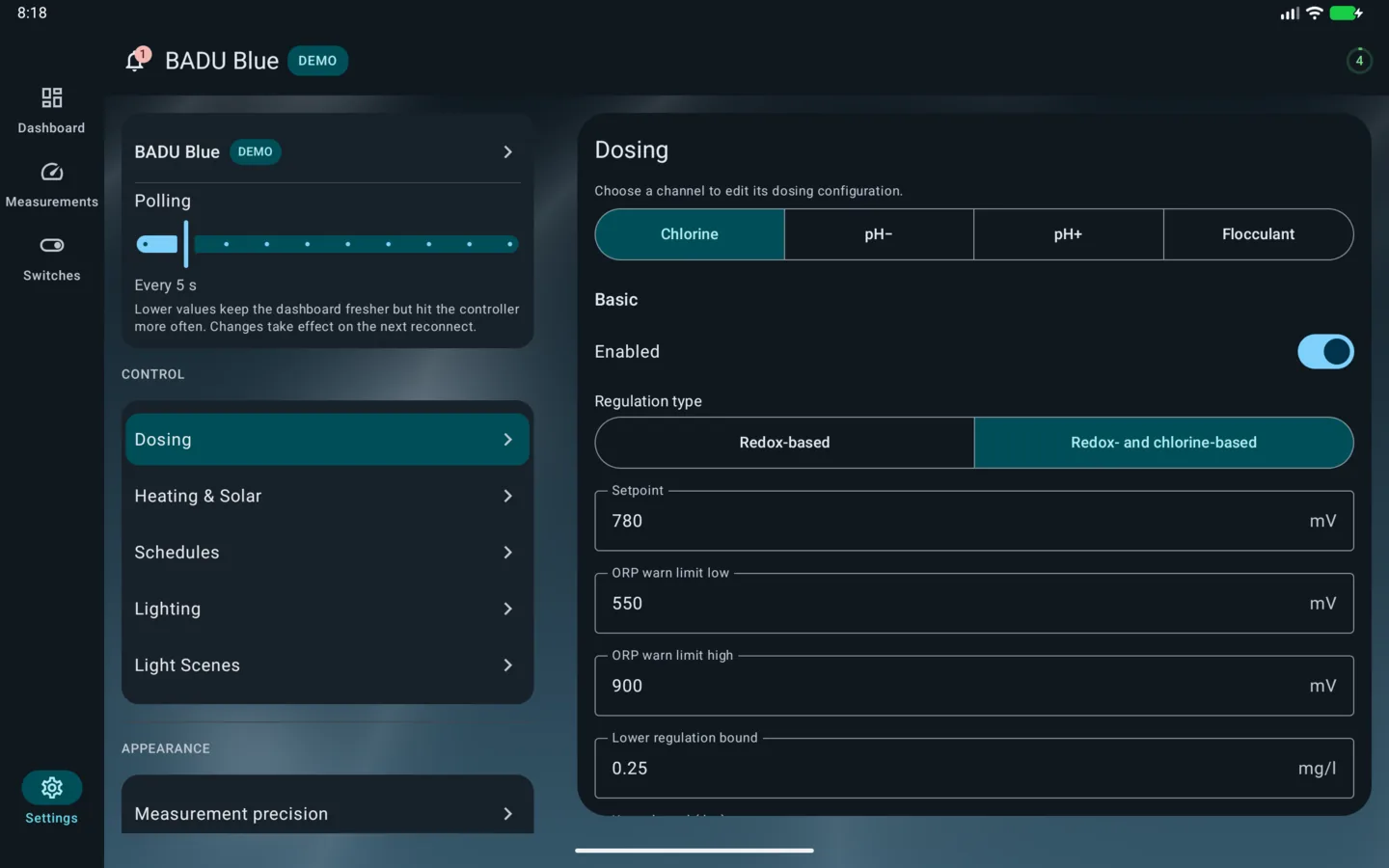 PoolPilot — Settings (BADU Blue) on Android tablet