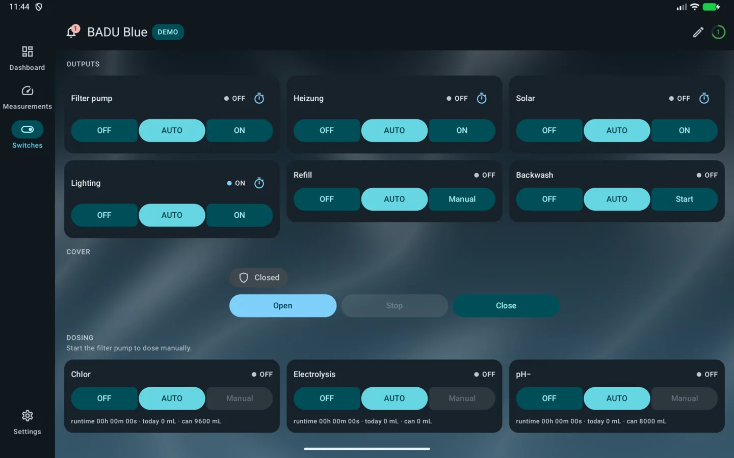 PoolPilot – Schaltausgänge (BADU Blue) auf Android-Tablet