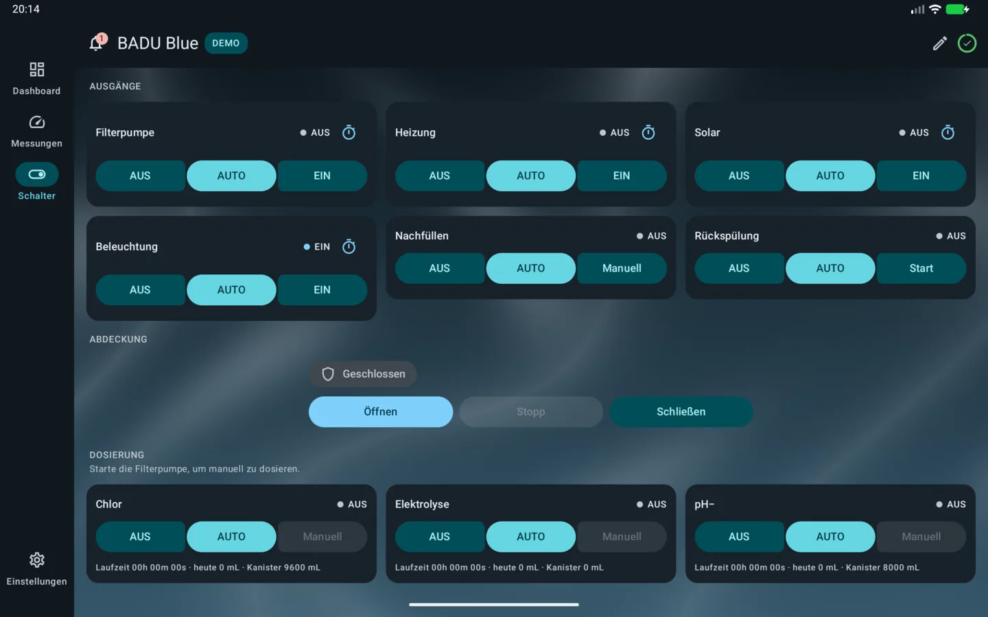 PoolPilot – Schalter (BADU Blue) auf Android-Tablet