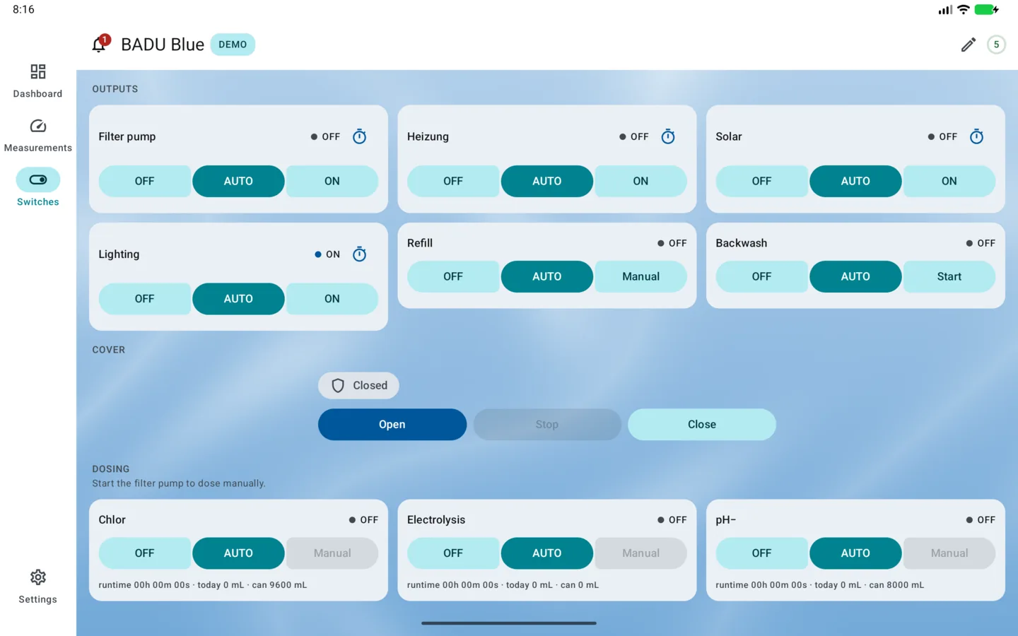 PoolPilot — Switches (BADU Blue) on Android tablet