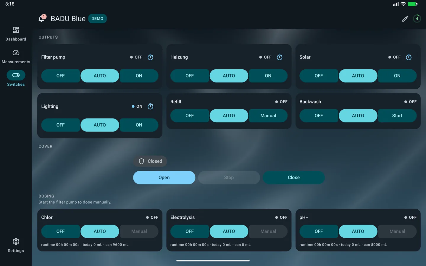 PoolPilot — Switches (BADU Blue) on Android tablet