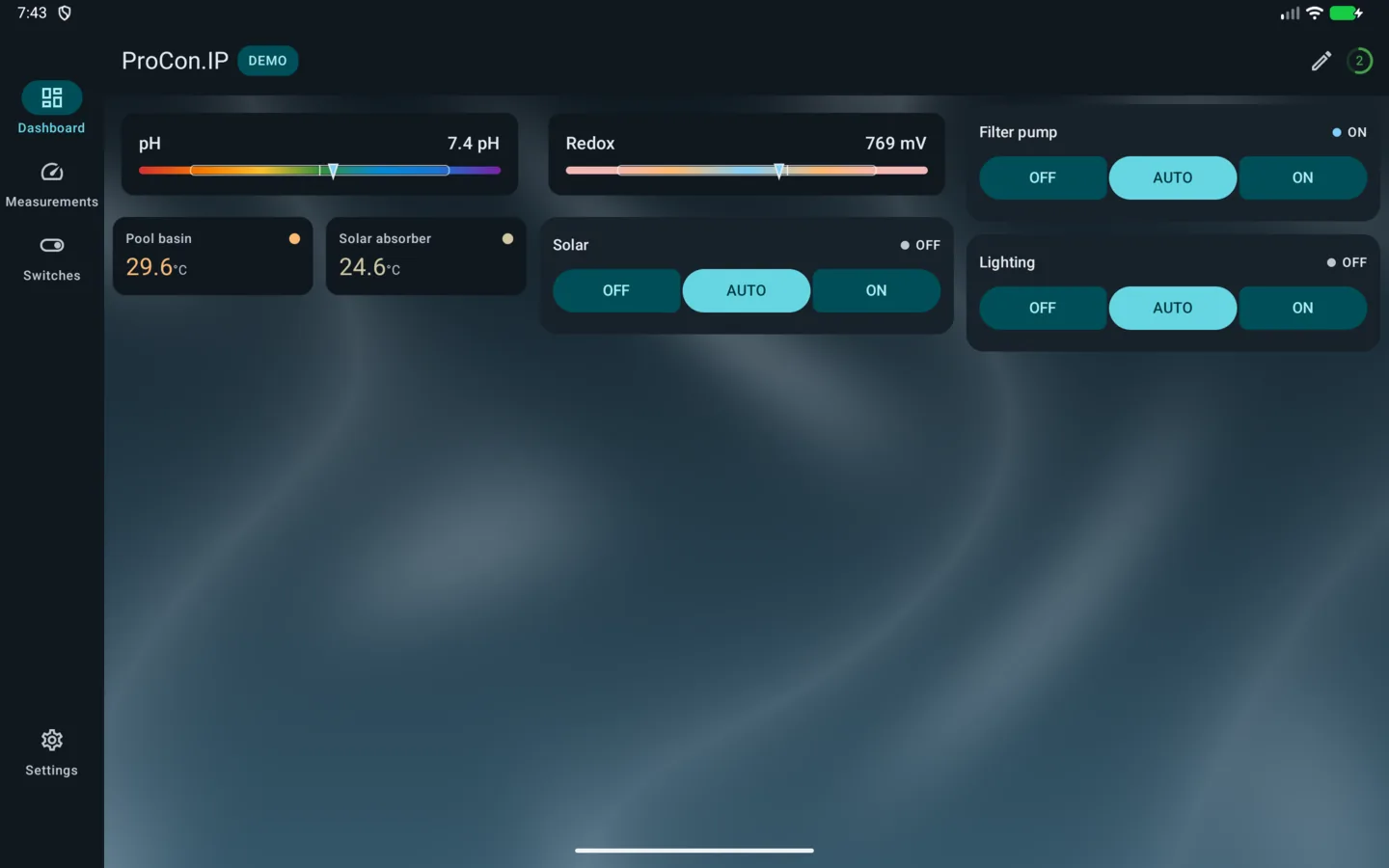 PoolPilot — Dashboard (ProCon.IP) on Android tablet