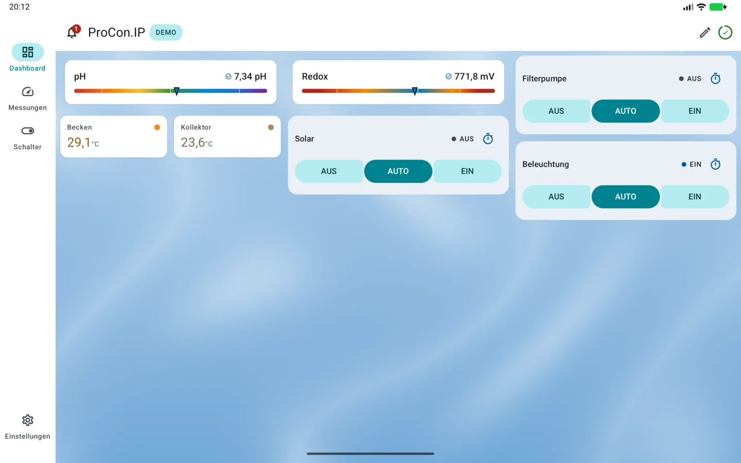 PoolPilot – Dashboard (ProCon.IP) auf Android-Tablet