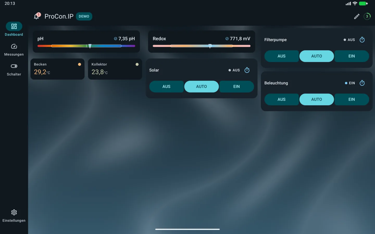 PoolPilot – Dashboard (ProCon.IP) auf Android-Tablet