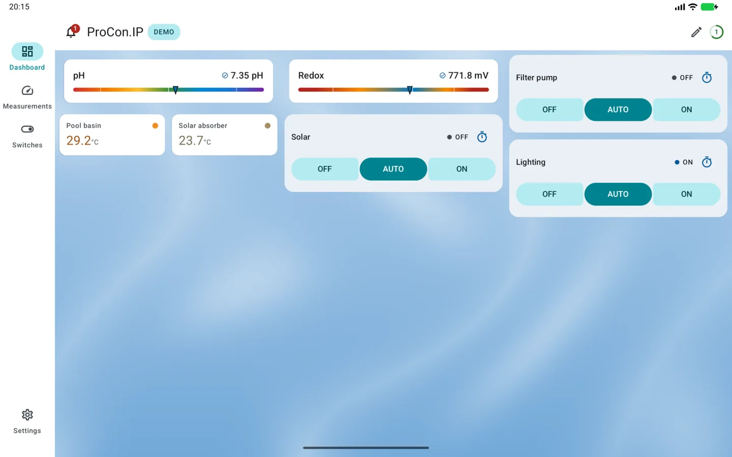 PoolPilot — Dashboard (ProCon.IP) on Android tablet