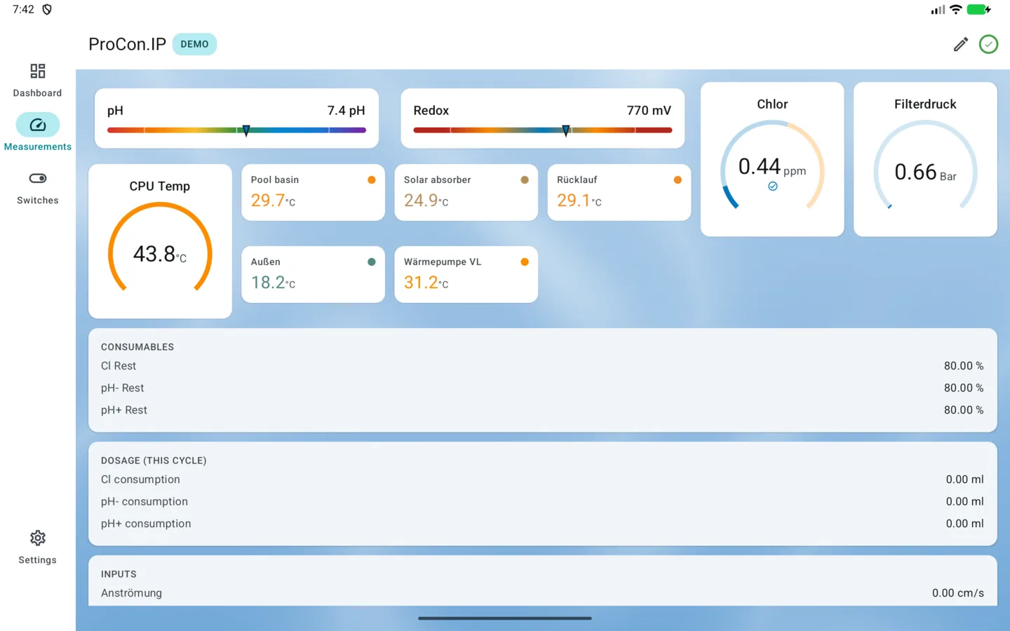 PoolPilot — Measurements (ProCon.IP) on Android tablet