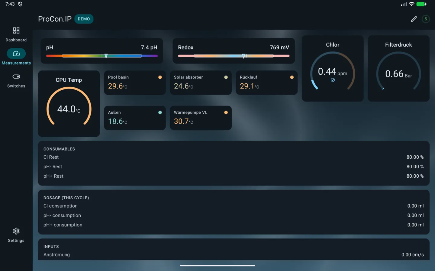PoolPilot — Measurements (ProCon.IP) on Android tablet