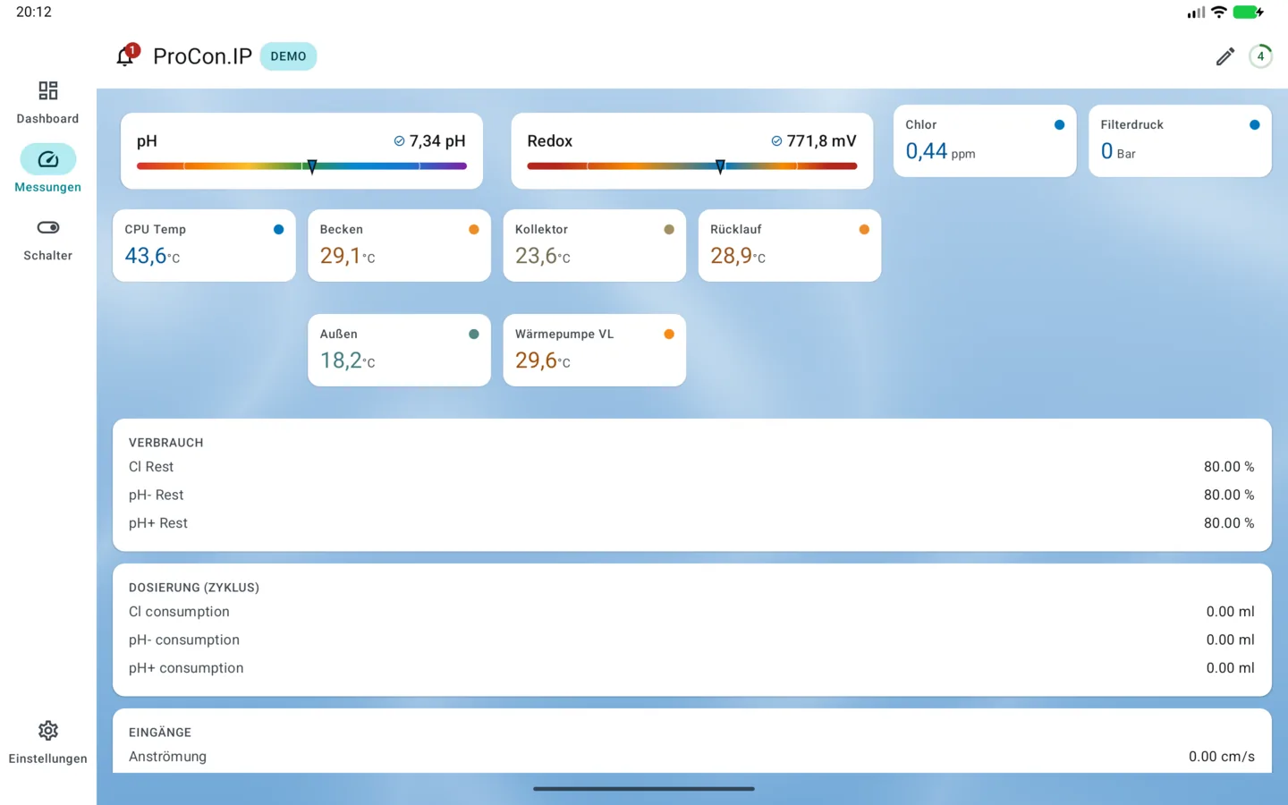 PoolPilot – Messungen (ProCon.IP) auf Android-Tablet