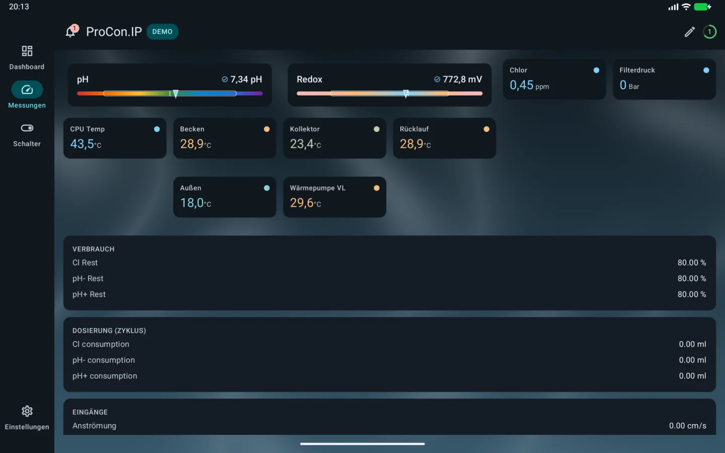PoolPilot – Messungen (ProCon.IP) auf Android-Tablet