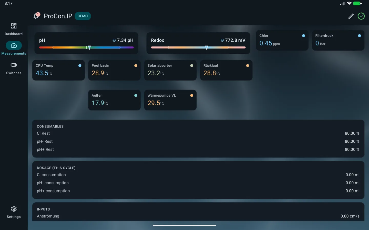 PoolPilot — Measurements (ProCon.IP) on Android tablet